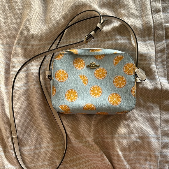 Coach Mini Camera Bag With Orange Print 3273 Summer Citrus Crossbody Light Blue - Picture 1 of 2